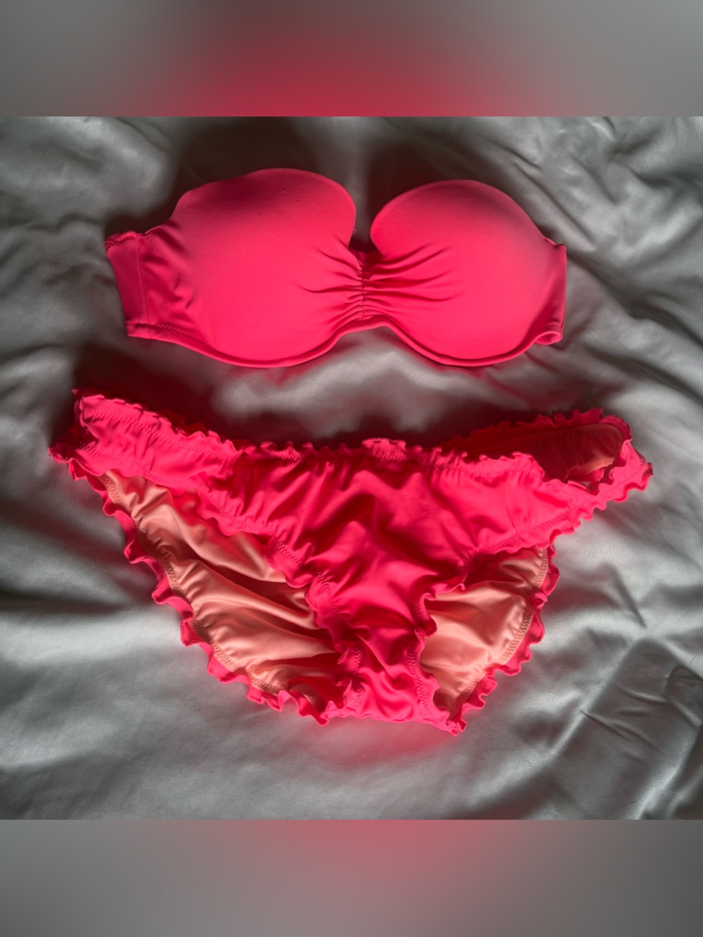 Victoria's Secret Neon Pink Ruffled Bandeau Bikini Set